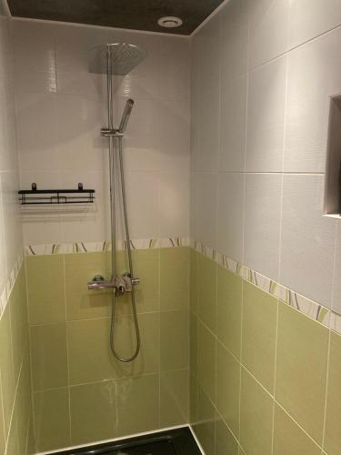 a shower in a bathroom with green tiles at Domaine de Villateux in Terjat