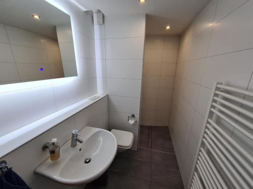 Theox Apartment No 6 Royal Blue für 4 Personen في مانهايم: حمام مع حوض ومرآة ومرحاض