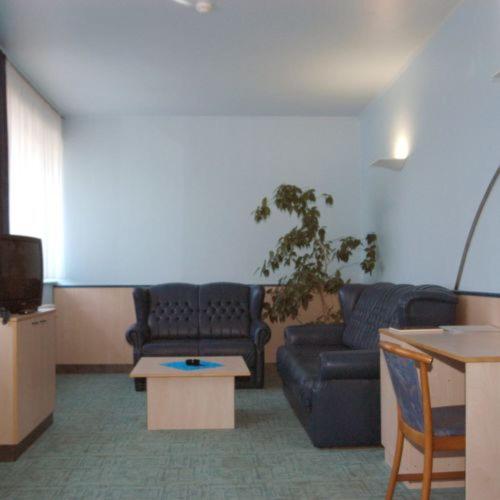 ein Wohnzimmer mit einem Sofa und einem Tisch in der Unterkunft Kék Hold Hotel in Marcali