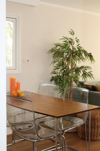 a dining room table with chairs and a plant at Sfeervol vakantiehuisje in bosrijke omgeving in Vorden