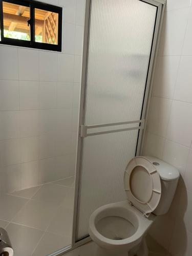 uma casa de banho com um WC e uma cabina de duche em vidro. em Hostería Miraflores em Liborina