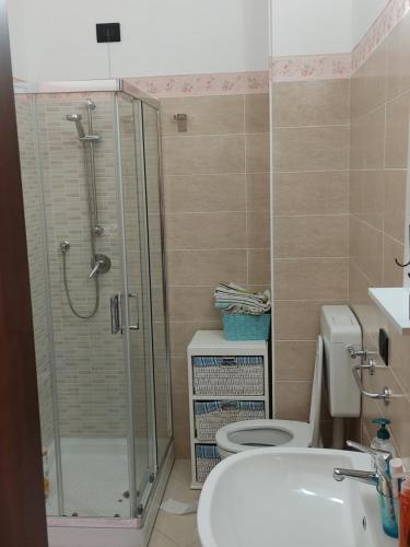 a bathroom with a shower and a toilet and a sink at La Casa dello Spolvero in LʼAquila
