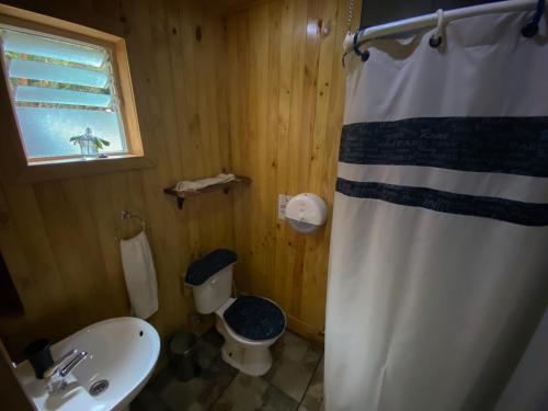 a bathroom with a sink and a toilet and a shower curtain at Cabañas Ensenada Bosque Nativo in Ensenada