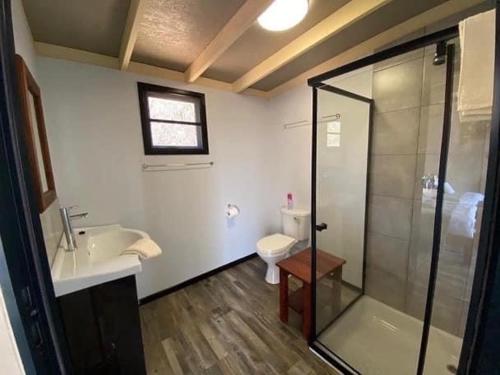 a bathroom with a shower and a sink and a toilet at White Sands Lodge in Divundu