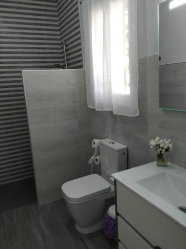 a bathroom with a toilet and a sink and a window at El Parque de Isabel in Prado del Rey