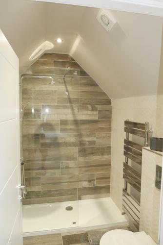 a bathroom with a shower with a toilet in it at Apartment 4 Tomlinsons Apartments in Rothbury