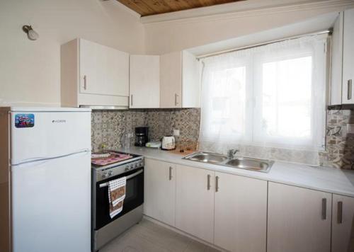 a kitchen with a white refrigerator and a sink at Efi Apartments in Agios Gordios