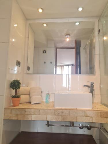 La salle de bains est pourvue d'un lavabo et d'un grand miroir. dans l'établissement Departamentos Pontoni Escuela Militar, à Santiago