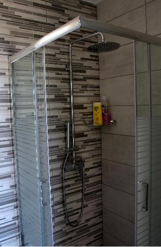 a shower with a glass door in a bathroom at Dina’s house 2 in Argostoli