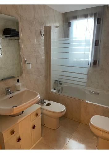a bathroom with a sink and a toilet and a shower at Peñas de Aia in Jaca