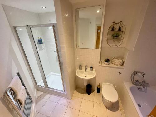 een badkamer met een toilet, een wastafel en een douche bij Empire Serviced Apartments in Leicester