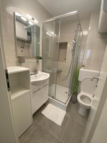 a bathroom with a shower sink and a toilet at Jolly -Center Bright Apartment at Tartini Square in Piran
