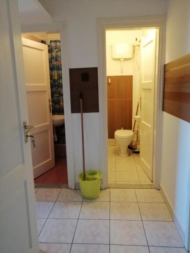 a hallway of a bathroom with a toilet in it at Belvárosi Vendégház in Miskolc