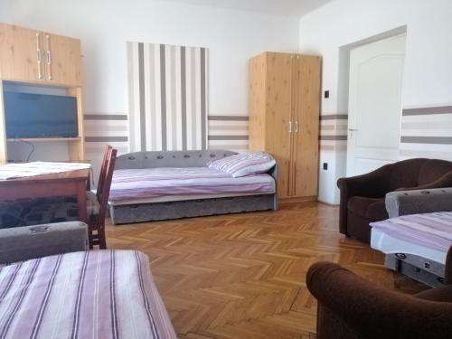 a living room with two beds and a couch at Belv&aacute;rosi Vend&eacute;gh&aacute;z in Miskolc