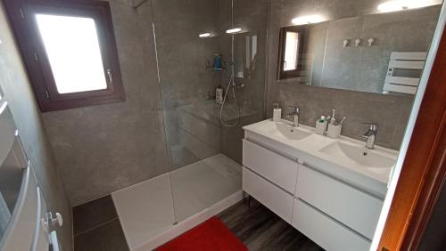 bagno con doccia, lavandino e specchio di Domaine CocoBeach a Bergerac