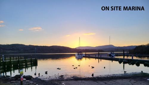 a marina with boats and ducks in the water at Cheerful 3 bedroom Lodge At White cross Bay Windermere in Windermere