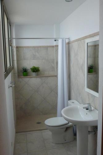a bathroom with a toilet and a sink and a shower at Can Tianyico in Sa Pobla