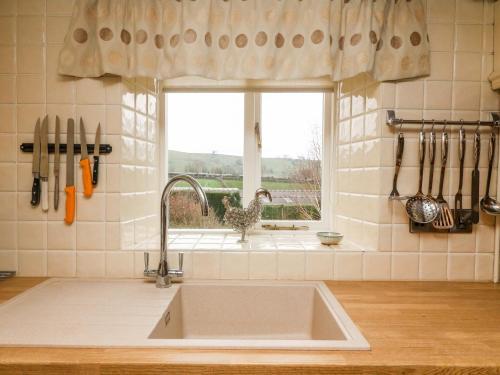 een aanrecht met een wastafel en een raam bij Eastburn Cottage in West Burton