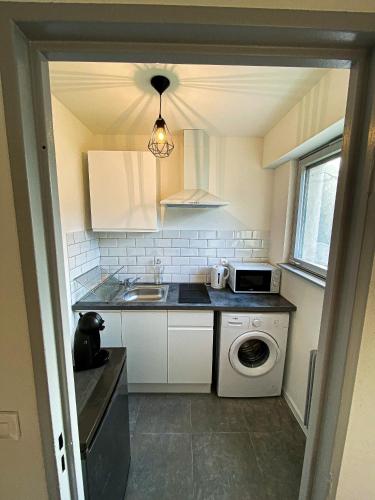 une petite cuisine avec un évier et une machine à laver dans l'établissement Studio bohème - Centre - Proche gare, à Mulhouse