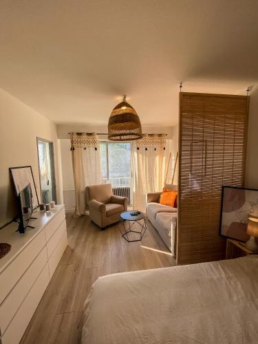 1 dormitorio con cama, sofá y TV en Studio bohème - Centre - Proche gare en Mulhouse