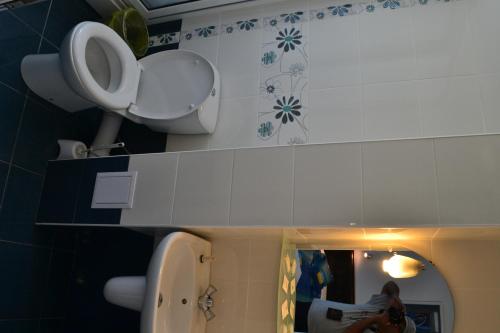 a bathroom with a toilet and a sink and a mirror at Family Hotel Magnolia in Balchik