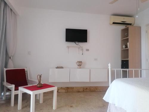 a white bedroom with a bed and a tv on the wall at Room in Guest room - Mono-local apartment type private garden Boca Chica resort in Boca Chica