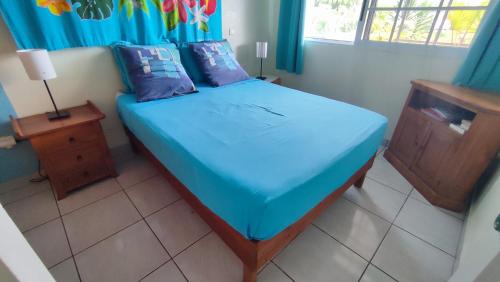 a bedroom with a bed with blue sheets and a window at Manava Tahara'a Home Stay in Mahina