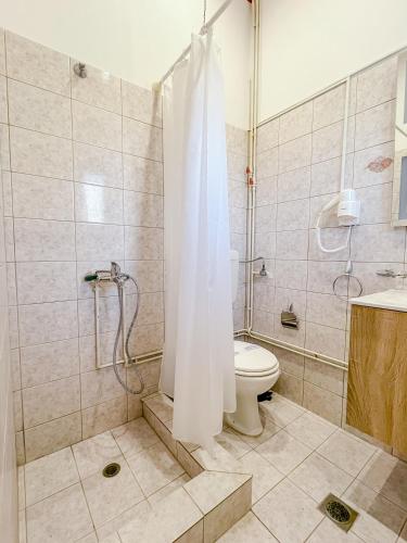 a bathroom with a toilet and a shower at Island Apartments in Mesolongion