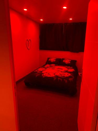 ein rotes Zimmer mit einem Bett in einem roten Zimmer in der Unterkunft love love 23 in Villeurbanne