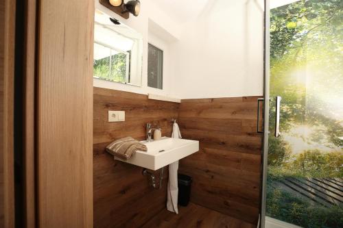 a bathroom with a sink and a window at AlbLodges in Bitz