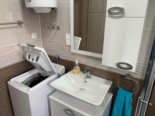 a bathroom with a white sink and a mirror at D&W Mandre 34 in Mandre