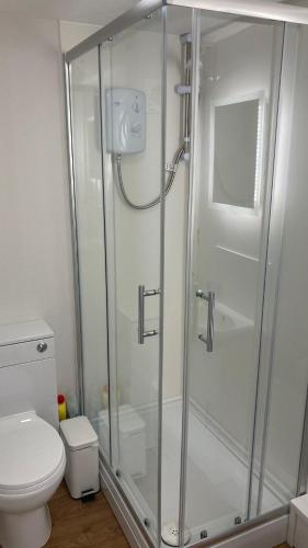 a bathroom with a shower and a toilet at The Garden House in Shrewsbury