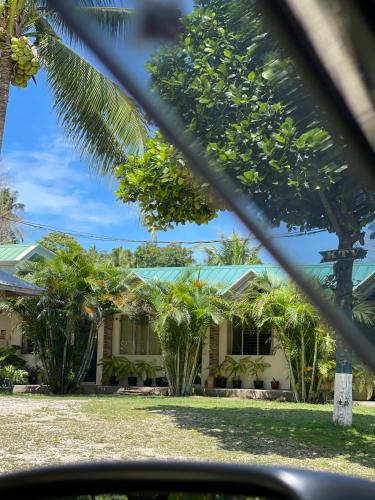 a house with a green roof and palm trees at D' Partner's Inn in Jagna