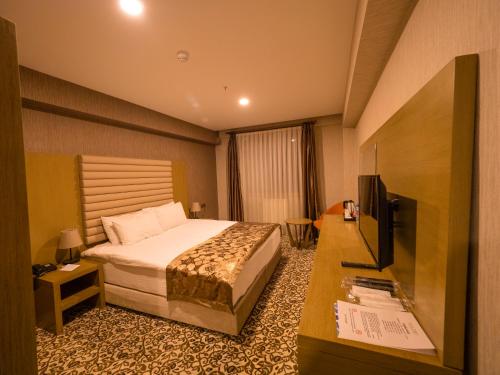 Balsoy Mountain Hotel في أرزروم: غرفه فندقيه سرير وتلفزيون