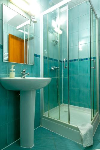 a bathroom with a sink and a glass shower at House of Julia in Sighişoara