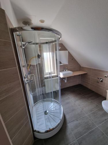 W łazience znajduje się szklana kabina prysznicowa i umywalka. w obiekcie Royal Apartman w mieście Vonyarcvashegy