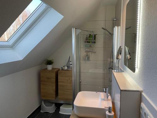 a bathroom with a sink and a shower in a attic at Ostseeauszeit Blengow in Rerik