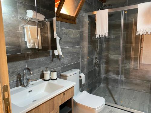 e bagno con servizi igienici, lavandino e doccia. di The Stone Castle Boutique Hotel ad Ağaçlı