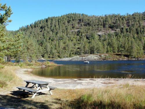 a picnic table sitting on the side of a lake at Holiday Home Hustjønn by Interhome in Aamli
