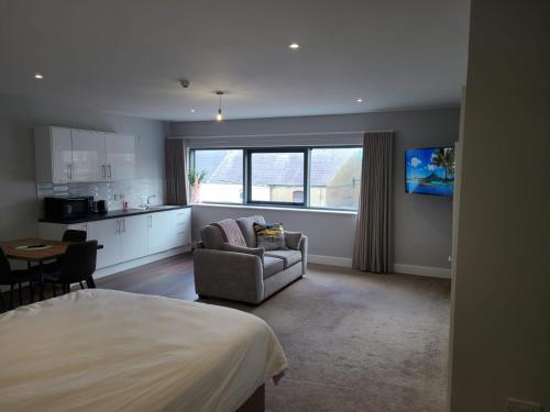 a bedroom with a bed and a kitchen and a living room at Quay St Apartment in Sligo