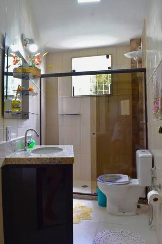 a bathroom with a sink and a toilet at Casa Espetacular no Centro da Serra in Nova Friburgo