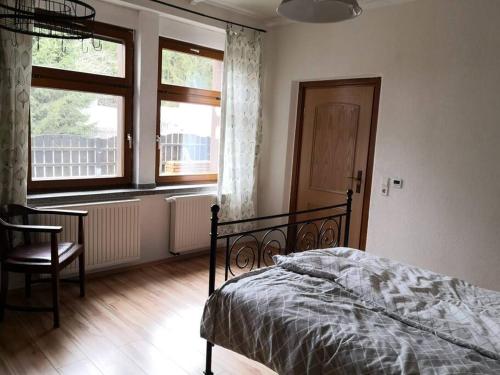 1 dormitorio con 1 cama, 1 silla y 1 ventana en ERZGRÜN - Aktiv und entspannt im Grünen, en Neue Welt