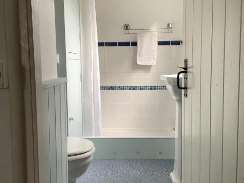 een badkamer met een toilet, een bad en een wastafel bij Honeysuckle Cottage in Kingsbridge