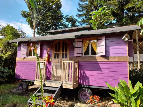 a purple tiny house parked in a yard at Hosteria La Roulotte - Mindo in Mindo
