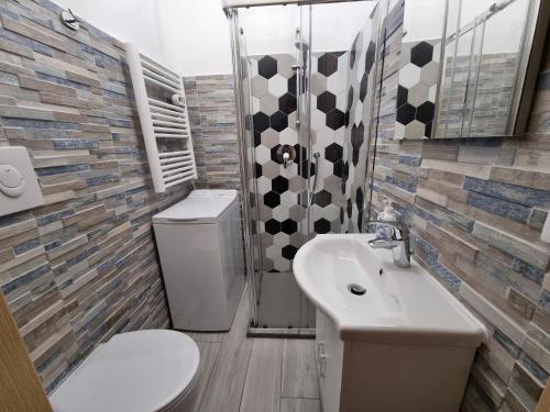 La salle de bains est pourvue d'un lavabo, de toilettes et d'une douche. dans l'établissement BLhouse, à Turin