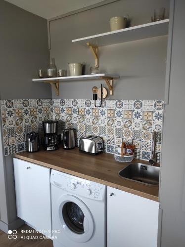 cocina con lavadora y fregadero en appartement belle vue en Courseulles-sur-Mer