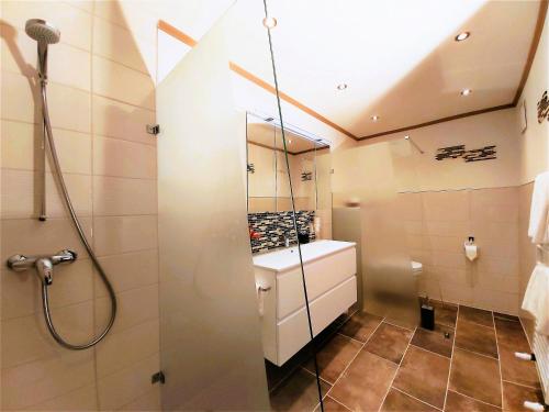 ein Bad mit einer Dusche und einem Spiegel in der Unterkunft Landhaus Brugg in Atzensberg