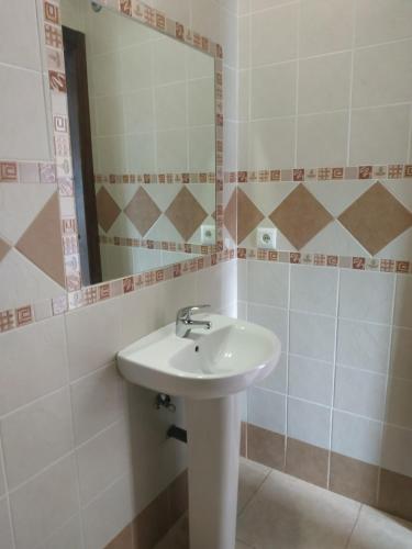 uma casa de banho com um lavatório e um espelho em Albergue Las Moreras em Monesterio