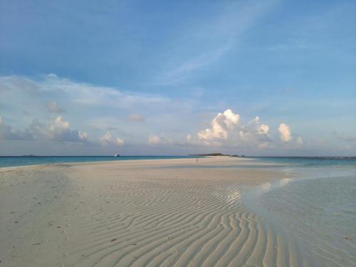 a beach with ripples in the sand and the ocean at Royal Beach Dhigurah in Dhigurah