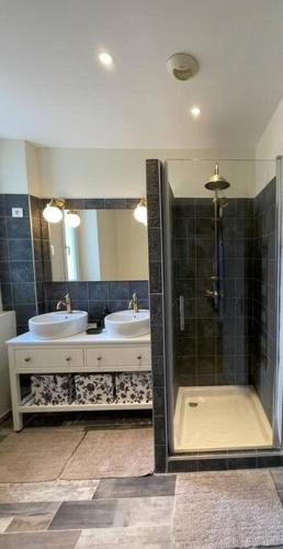 une salle de bain avec deux lavabos et une douche dans l'établissement Logement à Brive avec terrasse et climatisation près du centre-ville et de la gare - Fibre internet et stationnements gratuits, à Brive-la-Gaillarde
